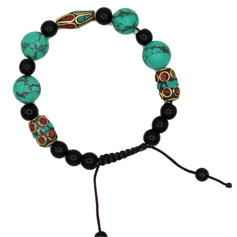 Armband - Türkis / Koralle / schwarzer Achat rund - verstellbar