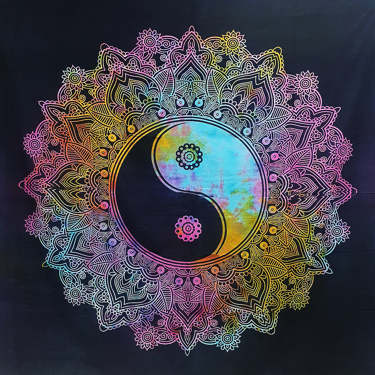 Ritualtuch Tagesdecke Wandbehang - Yin Yang schwarz/bunt - Doppelt