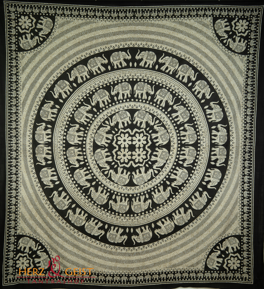 Ritualtuch Tagesdecke Wandbehang - Elefanten Kreise creme/schwarz - Doppelt