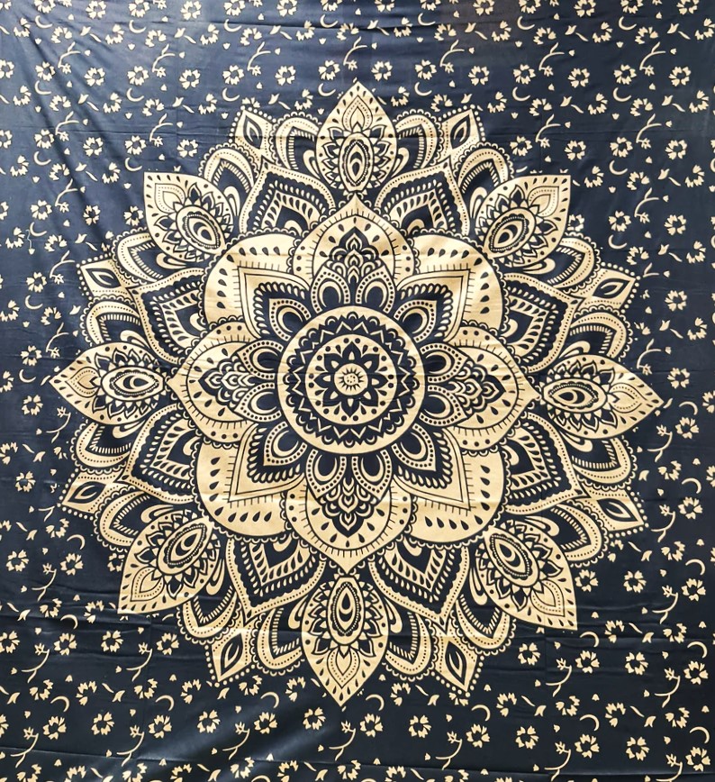 Wandbehang - Mandala Flower Golddruck dunkelblau - Doppelt