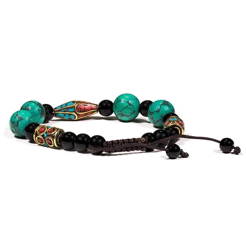 Armband - Türkis / Koralle / schwarzer Achat rund - verstellbar