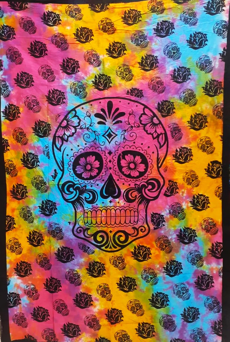 Ritualtuch Tagesdecke Wandbehang - Flower Skull - bunt/schwarz - Normalgröße