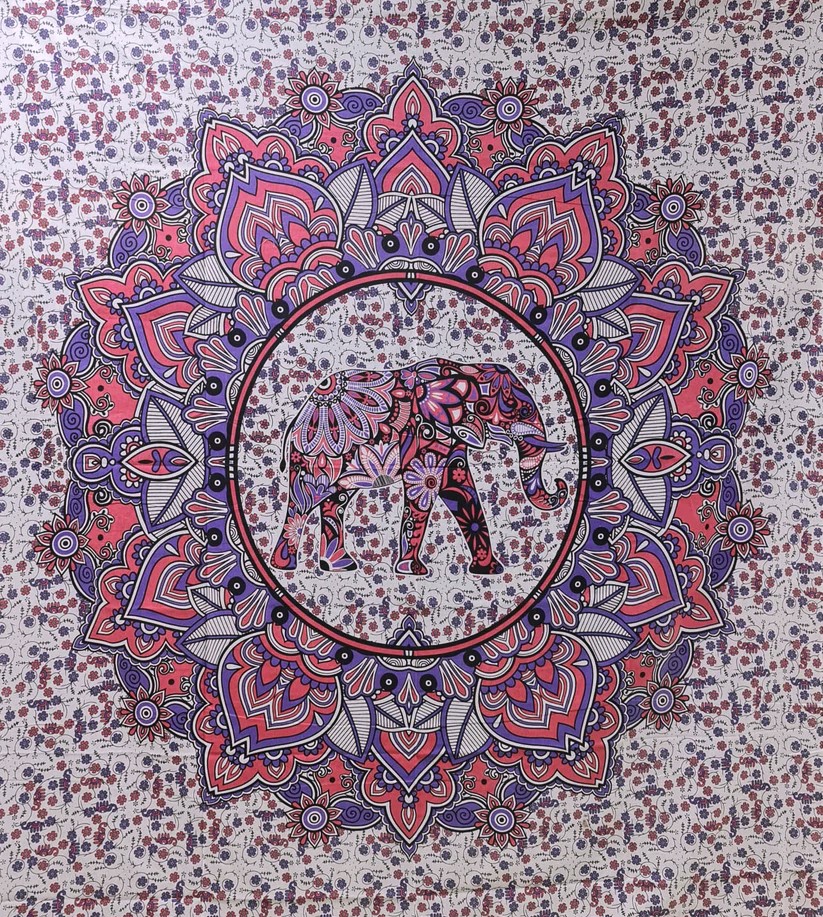 Ritualtuch Tagesdecke Wandbehang - Elefant im Lotuskreis pink/lila - Doppelt