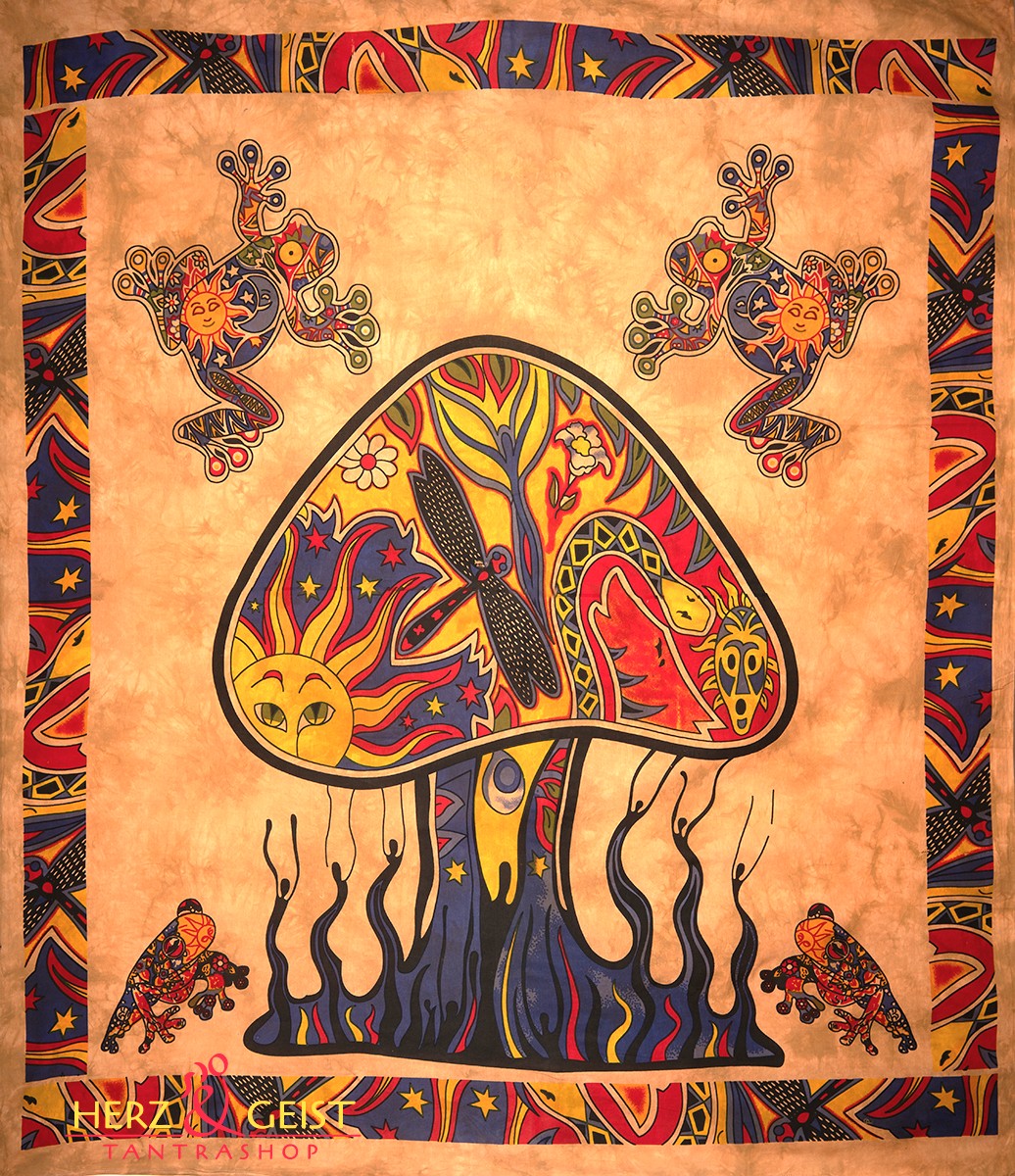 Ritualtuch Tagesdecke Wandbehang - Crazy Mushroom orange-ocker - Doppelt