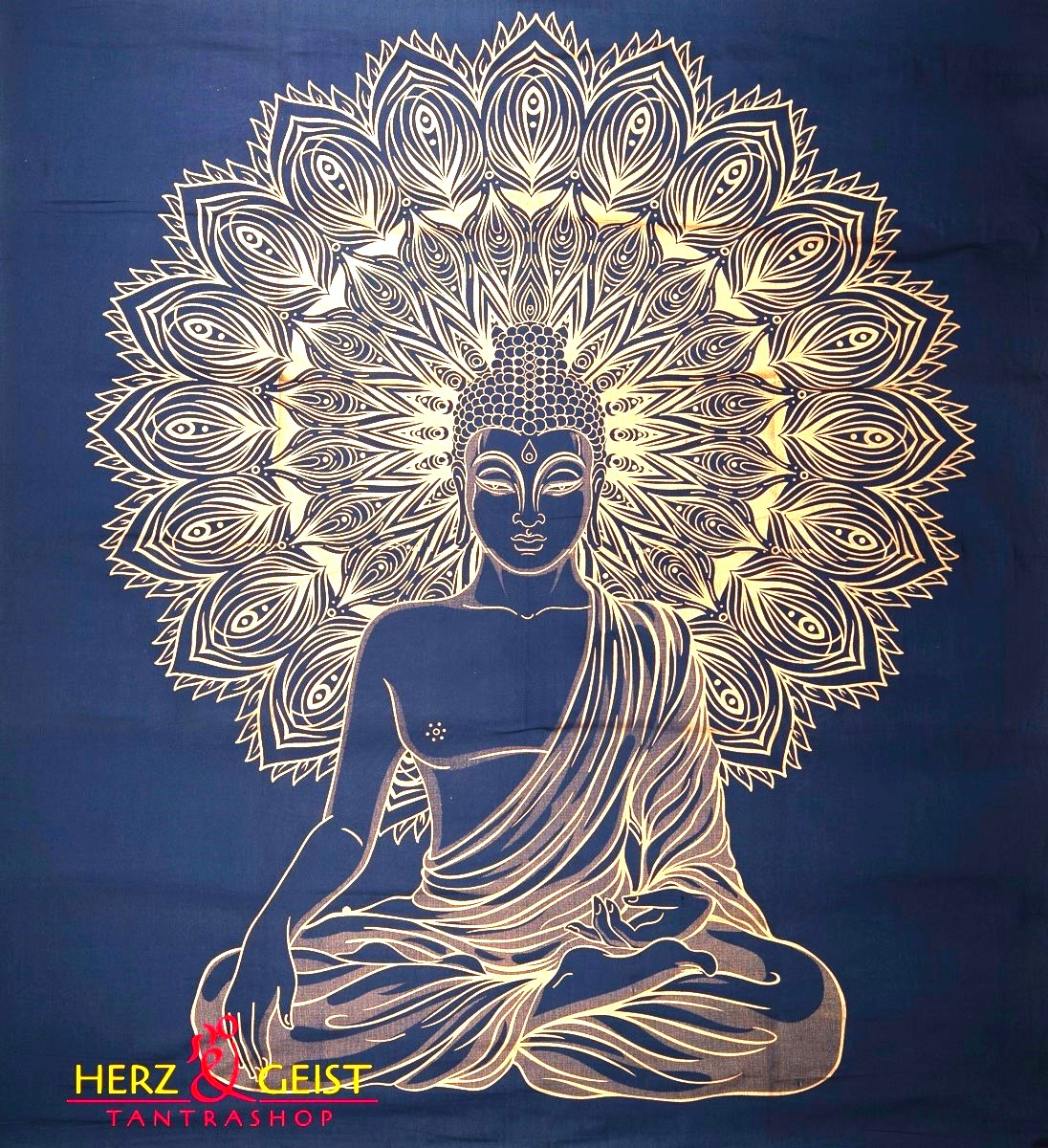 Wandbehang - Buddha Golddruck dunkelblau - Doppelt