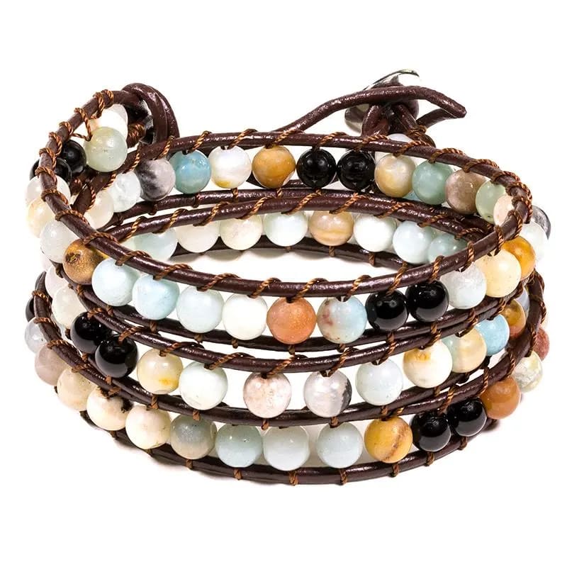 Armband - Amazonit / schwarzer Achat / Leder - verstellbar
