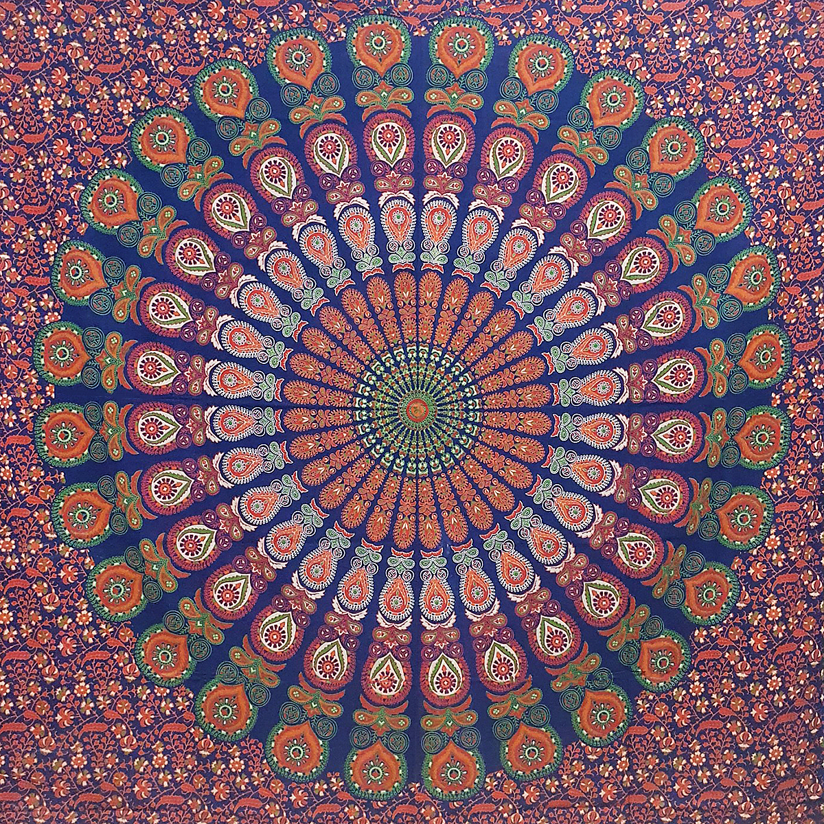 Ritualtuch Tagesdecke Wandbehang - Indian-Peacock blau/orange - Doppelt