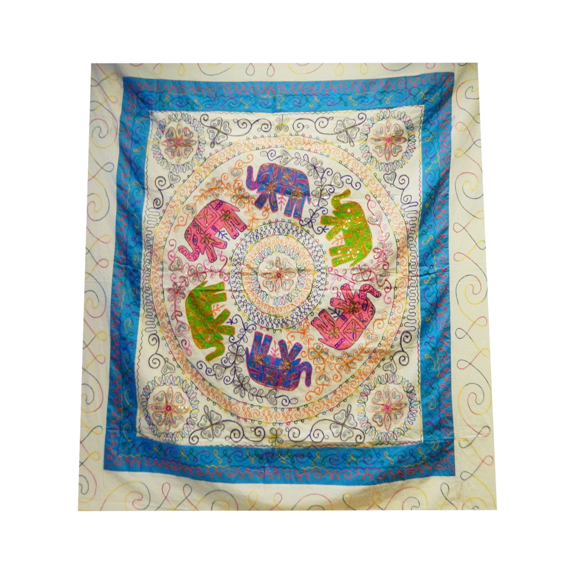 Ritualtuch Tagesdecke Wandbehang - 6 Elefanten bestickt blau - Doppelt