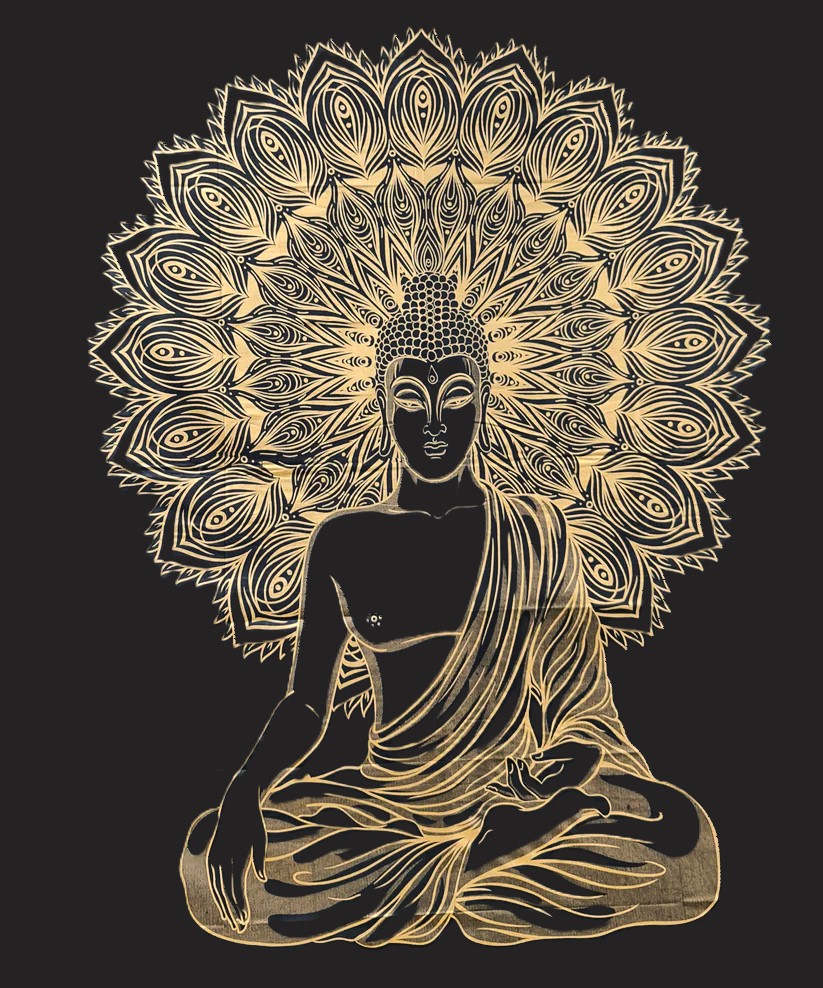 Wandbehang - Buddha Golddruck schwarz - Doppelt