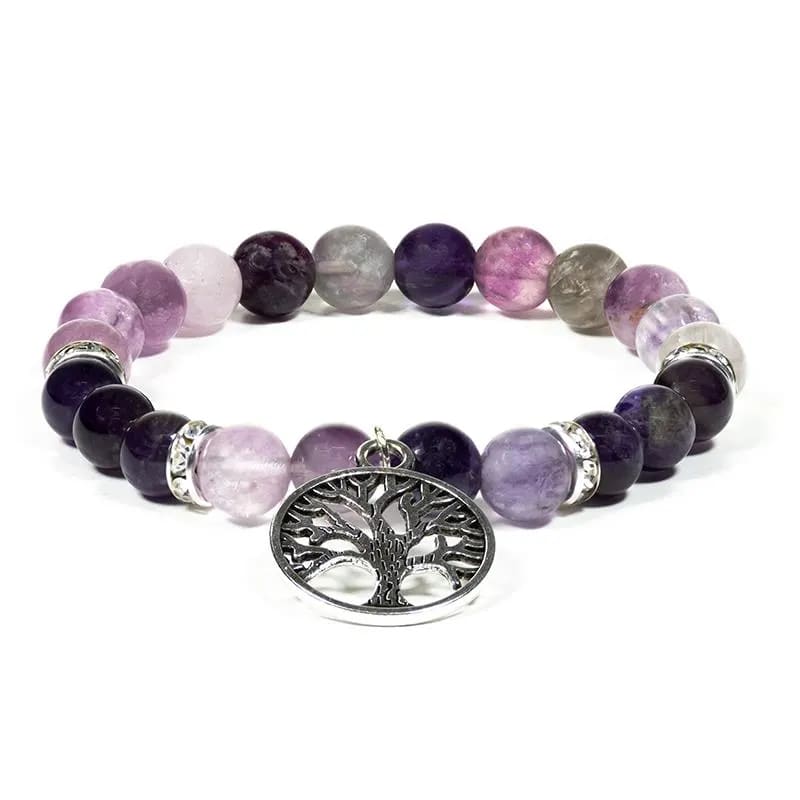 Armband - Fluorit / Amethyst m. Baum des Lebens - elastisch