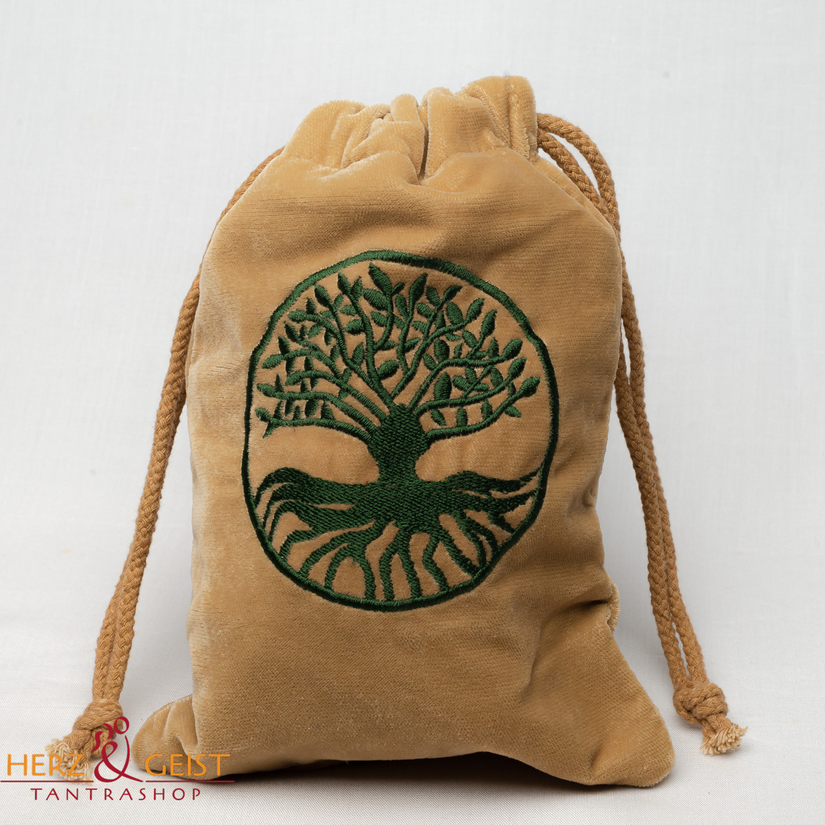 Samt Geschenktasche - Baum des Lebens - sand/grün