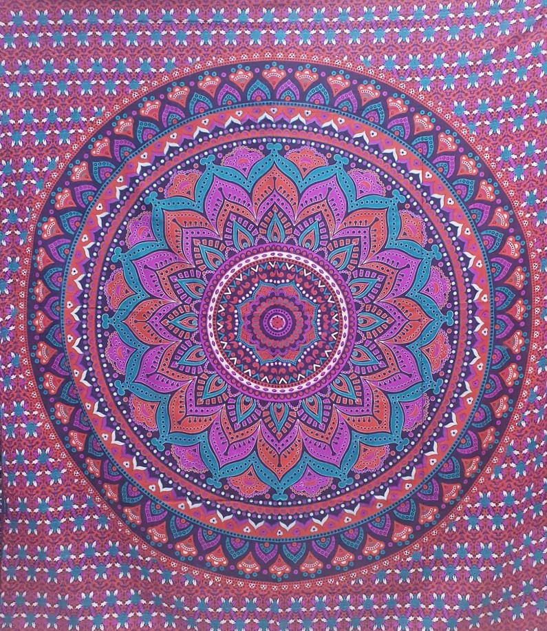 Ritualtuch Tagesdecke Wandbehang - Flower Mandala violett-türkis - Doppelt