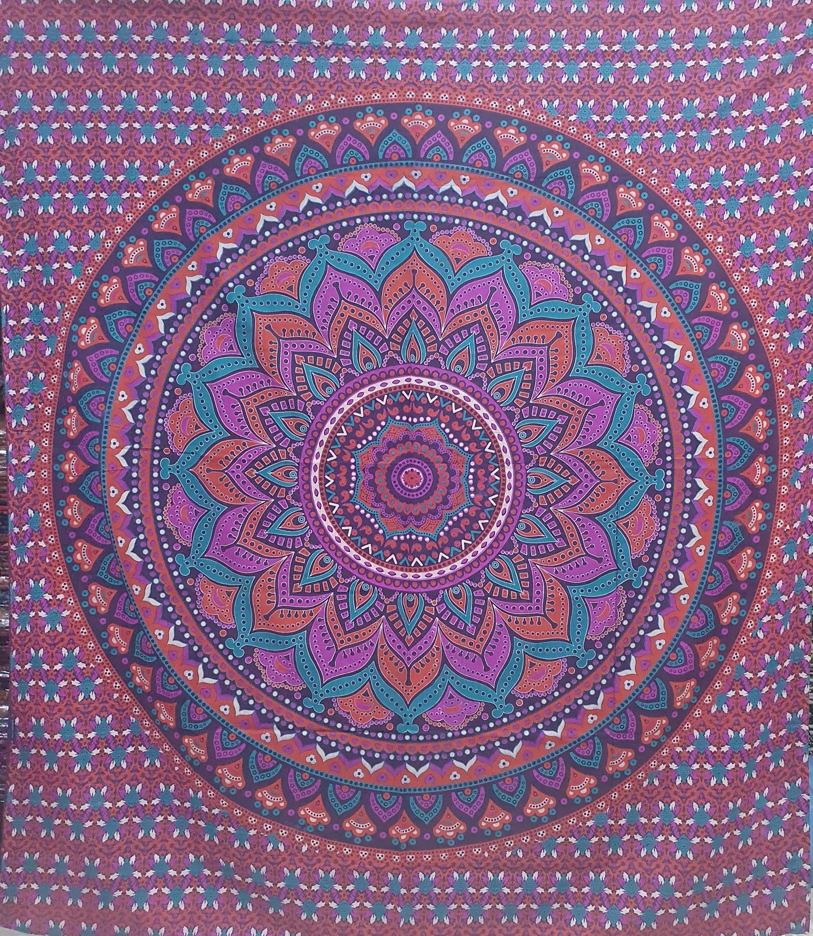 Ritualtuch Tagesdecke Wandbehang - Flower Mandala violett-türkis - Doppelt