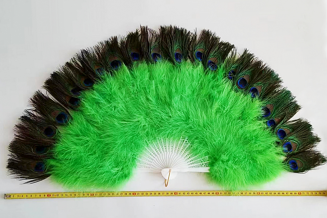 Pfauen Federfächer XL - GRÜN flauschig