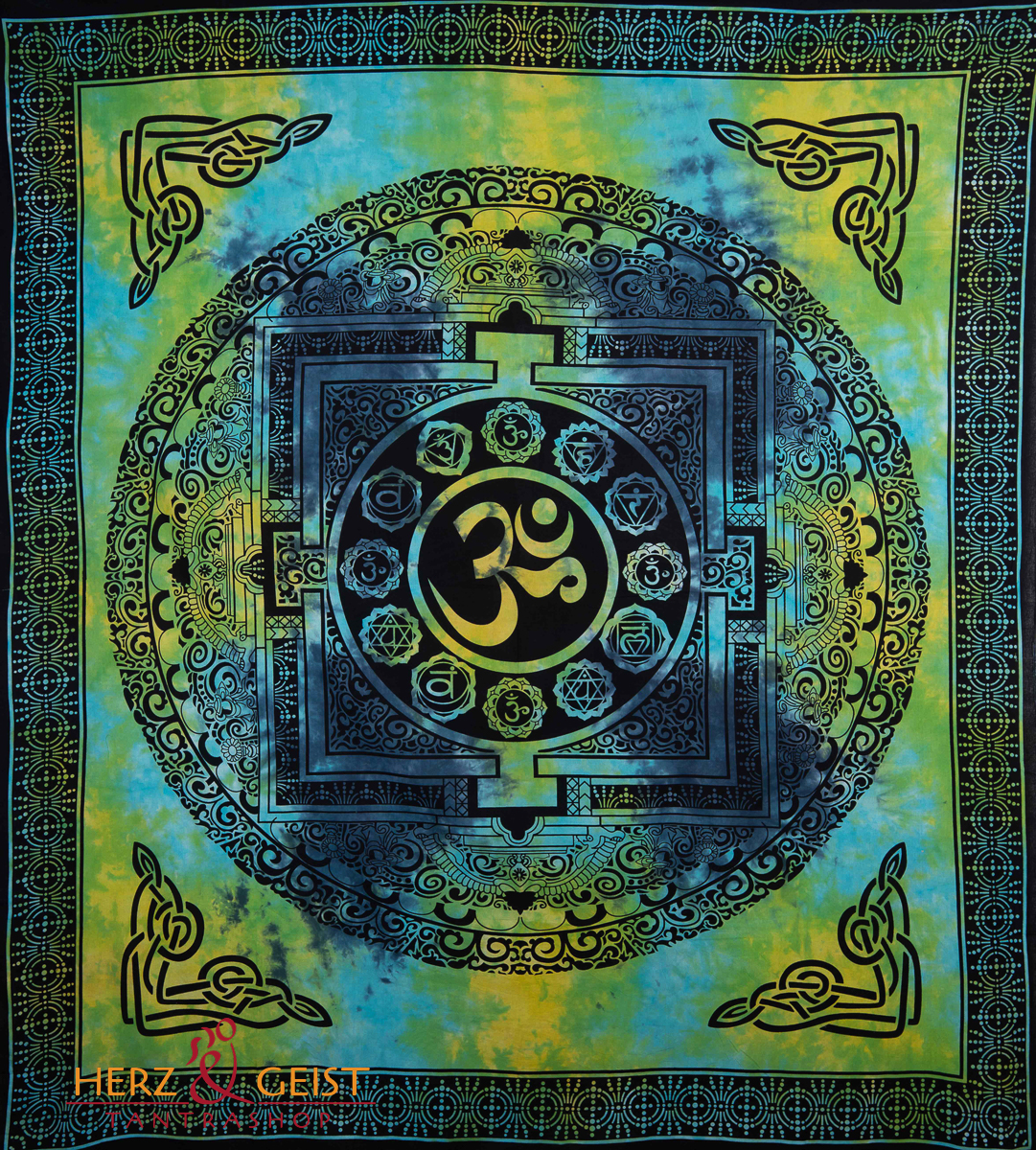 Ritualtuch Tagesdecke Wandbehang - OM Mandala grün/türkis - Doppelt