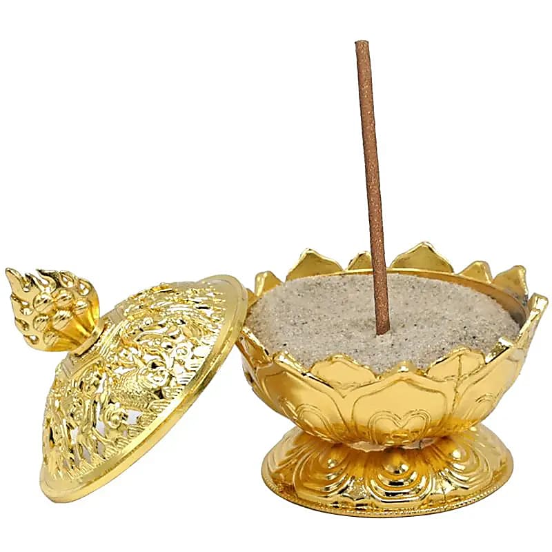 Tibetisches Räuchergefäß mit Deckel - Lotus - goldfarben