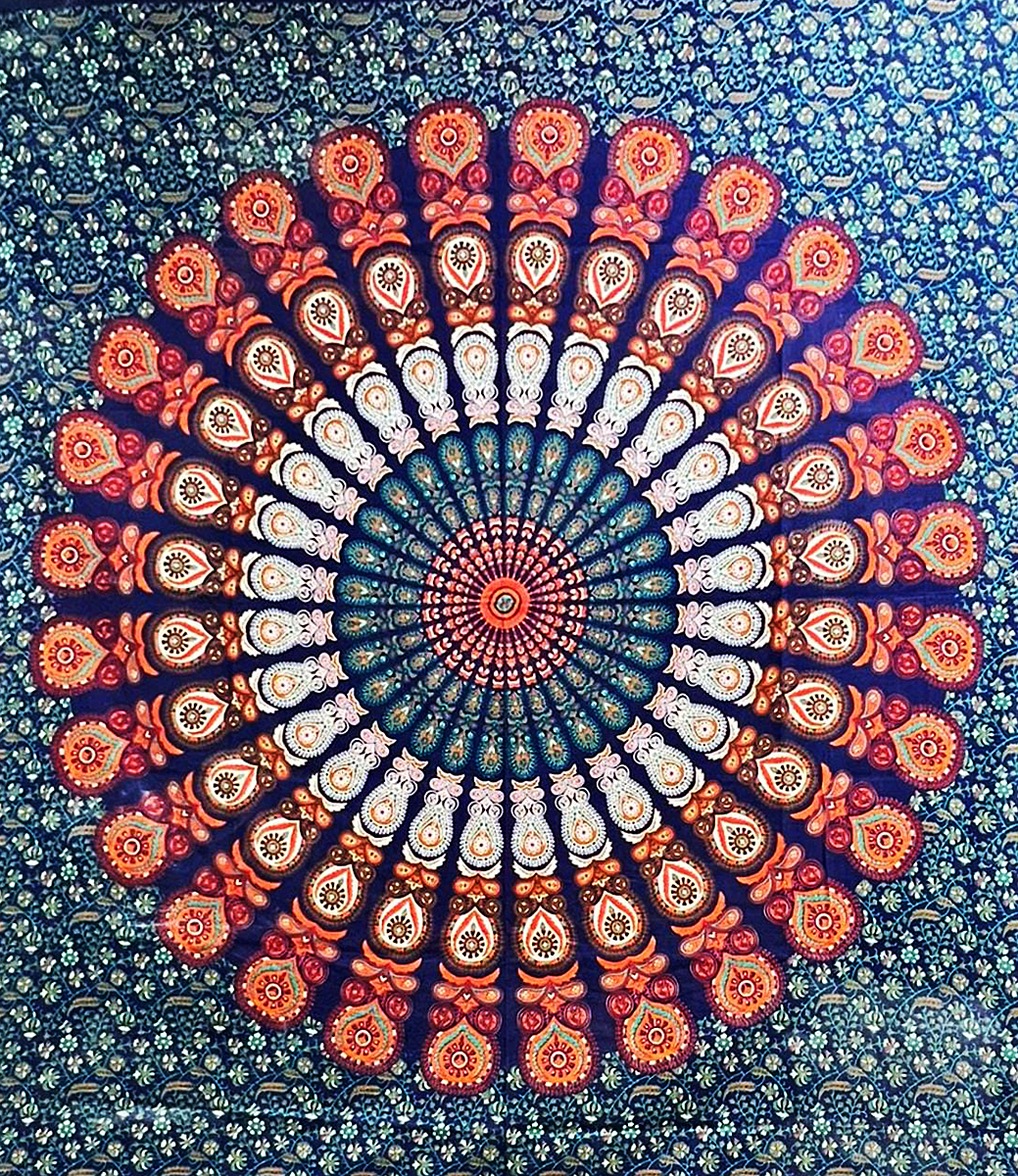 Ritualtuch Tagesdecke Wandbehang - Indian-Peacock blau/orange - Doppelt