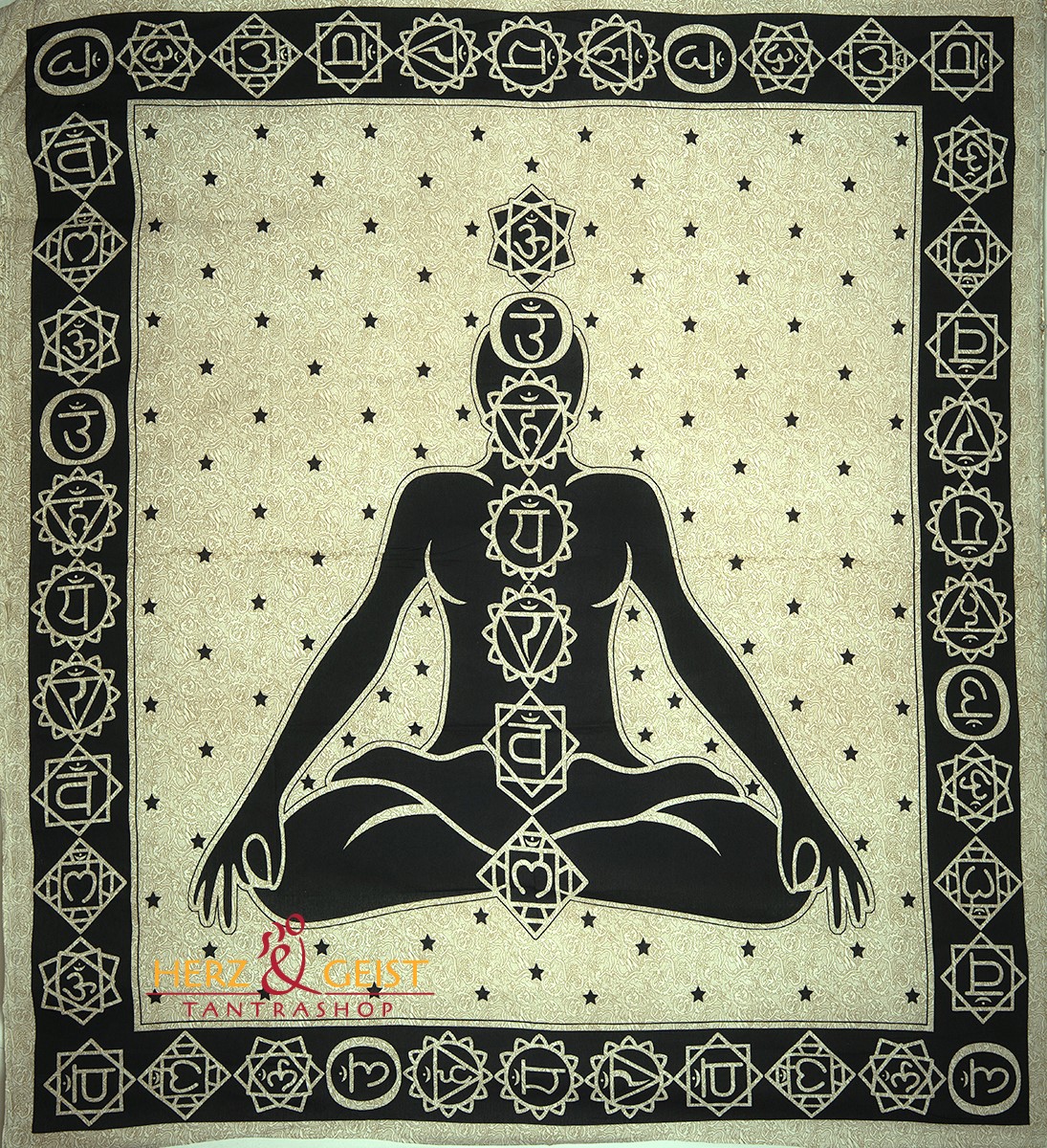 Ritualtuch Tagesdecke Wandbehang - Chakra Yogi schwarz-creme - Doppelt