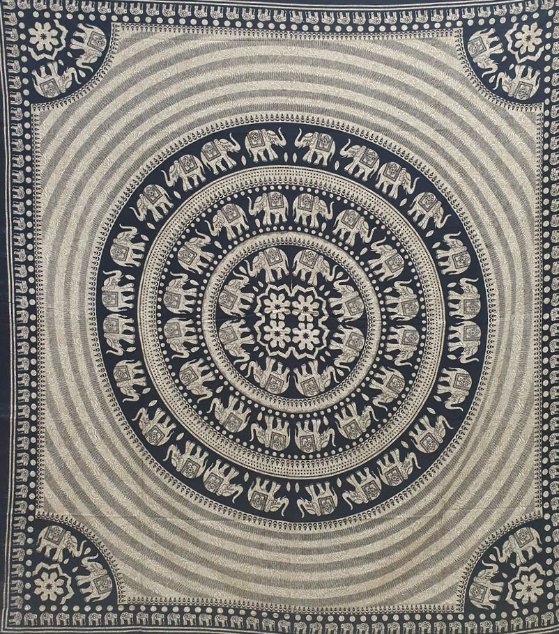 Ritualtuch Tagesdecke Wandbehang - Elefanten Kreise creme/schwarz - Doppelt