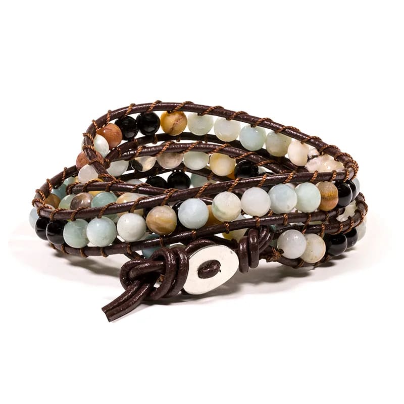 Armband - Amazonit / schwarzer Achat / Leder - verstellbar